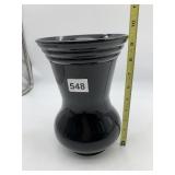 BLACK GLASS VASE, HOURGLASS SHAPE, RIBBED RIM.
