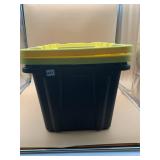 BLACK PLASTIC STORAGE TOTE W/ YELLOW LID.