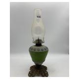 VINTAGE OIL LAMP, ORNATE CAST METAL BASE,