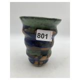 STONEWARE VASE, MULTI-COLOR GLAZE, HAND-THROWN.
