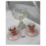 PRESSED GLASS COMPOTE W/ STARBURST, PR PINK GLASS