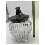 VTG CLEAR PRESSED GLASS JAR W/ METAL BULLDOG LID.