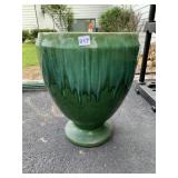 CERAMIC FOOTED PLANTER, GREEN DRIP GLAZE FINISH.
