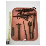 RUSTY VTG SOLDERING IRONS, METAL RODS, HAND