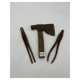VTG HATCHET W/ WOOD HANDLE, LONG HANDLE PLIERS,