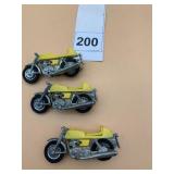VINTAGE DIE-CAST MOTORCYCLES, YELLOW AND CHROME