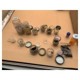 ASSORTED BEADS IN GLASS JARS, JEWELRY MAKING
