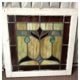 STAINED GLASS WINDOW, WOOD FRAME, STYLIZED