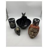 HALLOWEEN DECOR, BLACK BOWL W/ BAT, SPIDER WEB