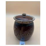 POTTERY COOKIE JAR, OVEN PROOF, BROWN DRIP GLAZE,