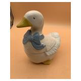 CERAMIC DUCK FIGURAL COOKIE JAR, BLUE BOW, YELLOW