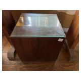 WOODEN CUBE PEDESTAL TABLE W/ GLASS TOP.