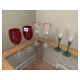 ASSORTED STEMMED WINE GLASSES, RED, GOLD RIM,