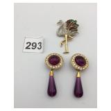 RHINESTONE FLAMINGO BROOCH, PURPLE CABOCHON
