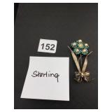 STERLING SILVER FLOWER BROOCH, SET W/ BLUE