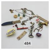 ASSORTED COSTUME JEWELRY, PINS, WATCH BANDS, AND