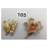 PINS MONET BUTTERFLY TRIFARI FLOWER WITH ORANGE