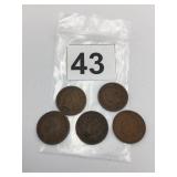 US INDIAN HEAD CENTS, ASSORTED DATES (5).