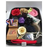 ASSORTED ACCESSORIES INCL FABRIC FLOWER BROOCHES,