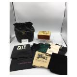 QUILTED BUCKET BAG, WOODEN BOX, AND
