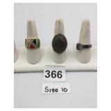 925 SILVER RINGS (3) W/ MULTICOLOR ENAMEL, BLACK