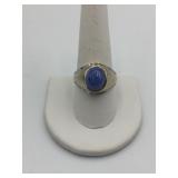 14K GOLD RING, BLUE CABOCHON STONE, SIZE 10.