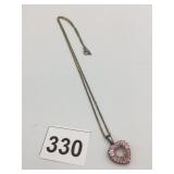 STERLING SILVER HEART PENDANT, PINK BAGUETTE