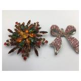 VTG RHINESTONE BROOCHES, PR, PINK BOW DESIGN,