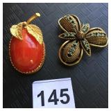 JEANNE GOLD-TONE FLOWER BROOCH W/ TURQUOISE-COLOR