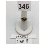 14K HGE RING W/ MARQUISE CUT RED STONES AND CLEAR