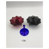 VTG GLASS CANDLE HOLDERS, RED AND BLACK FOOTED