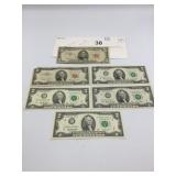US CURRENCY, 1953 $5 RED SEAL NOTE, (4) $2 RED