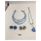 VTG CRYSTAL BEAD NECKLACES (2), CLIP-ON EARRINGS
