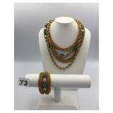 NECKLACE AND BRACELET MATCHING MULTI CHAIN GREEN