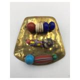 HAMMERED BRASS BROOCH, MULTICOLOR GLASS BEAD