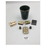 VTG COLLECTIBLE LOT W/ GREEN GLASS TUMBLER, BRASS