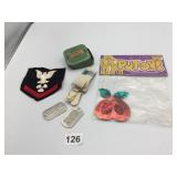 VTG MILITARY INSIGNIA, DOG TAGS, ELASTIC GARTER,