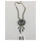 RHINESTONE NECKLACE LARGE PENDANT BLUE STONES