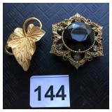FLORENZA BLACK STONE BROOCH W/ RHINESTONE