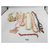 GROUP OF BEADED NECKLACES PINK ORANGE STONES WITH