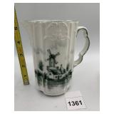 PORCELAIN PITCHER, FLUTED BODY, GREEN WINDMILL