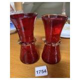 RED CRACKLE GLASS VASES W/ APPLIED CLEAR GLASS