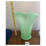 LIGHT GREEN OPAQUE GLASS VASE, RUFFLED RIM,