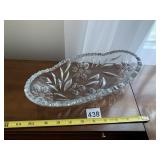 CLEAR CUT GLASS OVAL DISH, FLORAL & BEE PATTERN,