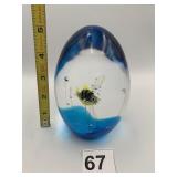 GLASS PAPERWEIGHT W/ EMBEDDED FISH, BUBBLES, BLUE