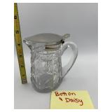 CUT GLASS PITCHER W/ METAL LID, FLORAL &