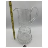 CLEAR GLASS PITCHER W/ ETCHED FLORAL & LEAF
