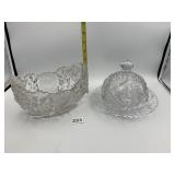 CUT GLASS BOWL, CUT GLASS BUTTER DISH W/ LID,
