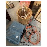 WOVEN BASKET, BLUE TOWEL, BELL+HOWELL FLASHLIGHT,