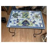 MOSAIC TILE TOP SIDE TABLE, WROUGHT IRON BASE,